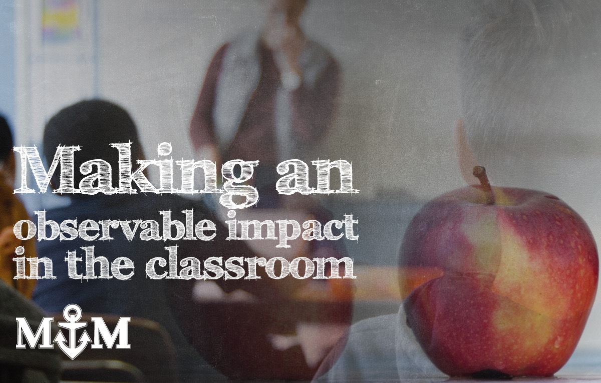 Classroom with apple and typeset copy that is in the heading of this article.